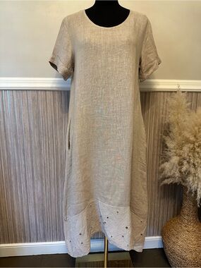 Natural Beige Linen Midi Dress with Embroidered Hem